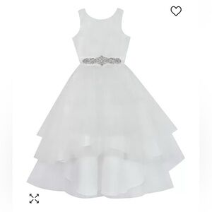 Chantilly Place White Satin Bodice Jeweled Belt Tulle Tiered High Low Dress 3T